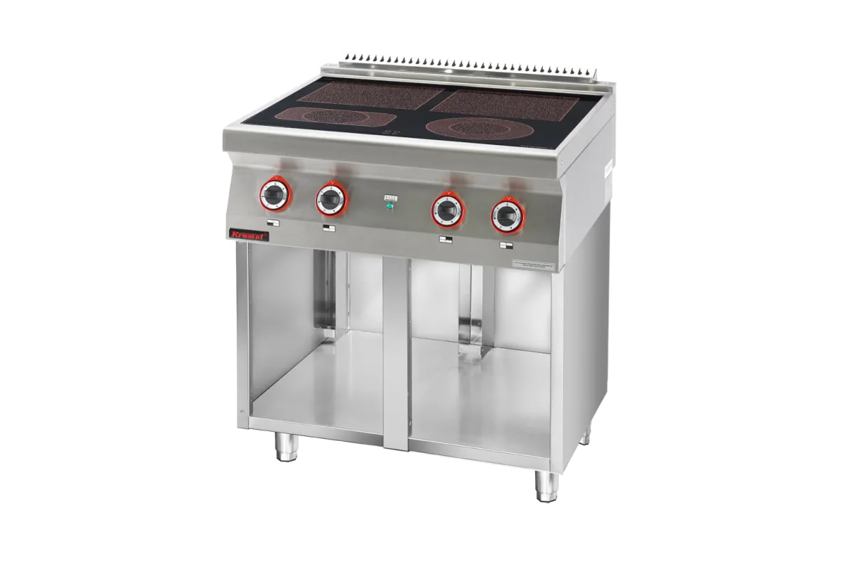 Kuchnia elektryczna ceramiczna 4 pola 2x4kW + 2x2,1kW na podstawie szafkowej otwartej 800x700x900 Kromet 700.KE-4C.S