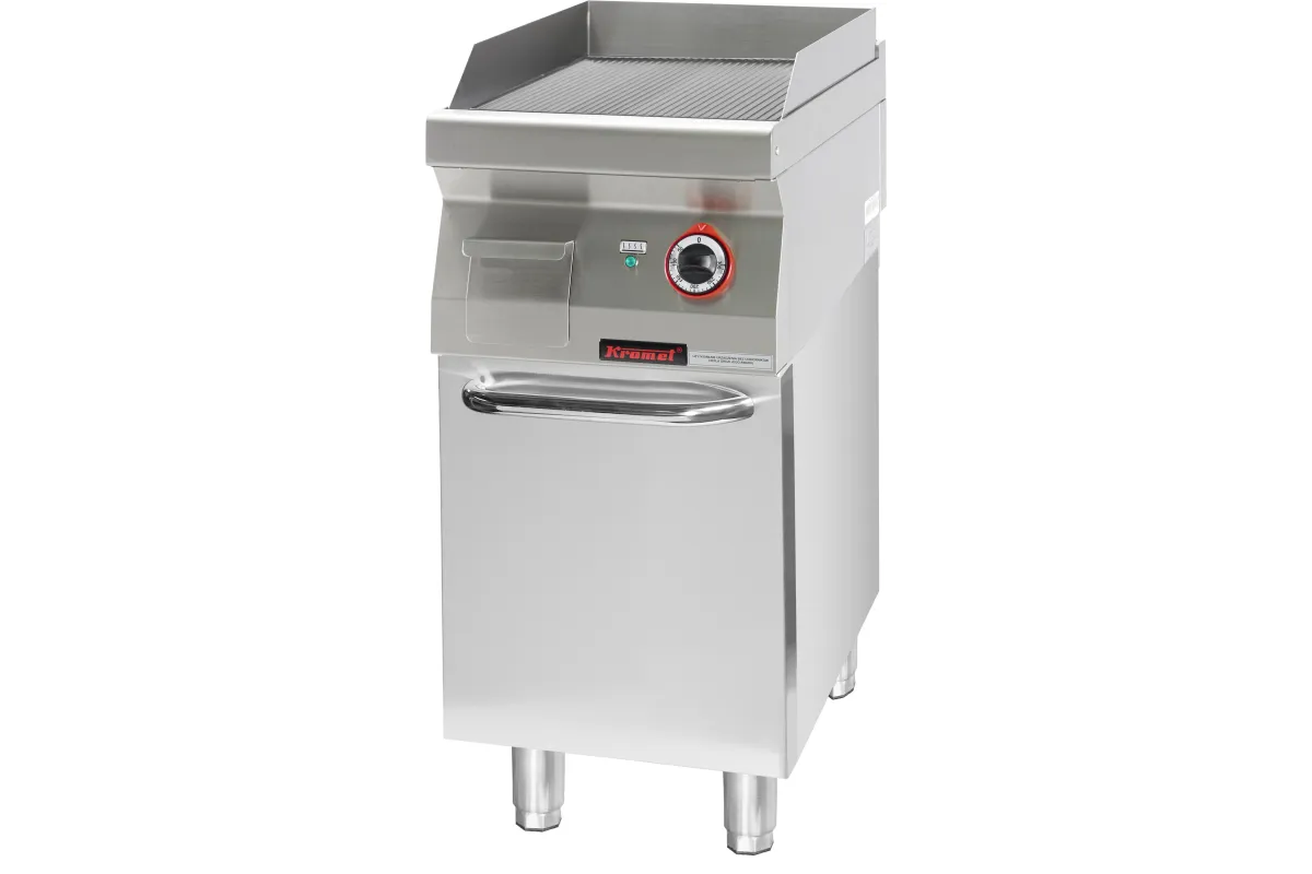 Płyta grillowa ryflowana chromowana 400mm 4,8kW na podstawie szafkowej zamkniętej 400x700x900 Kromet 700.PBE-400R.S.D