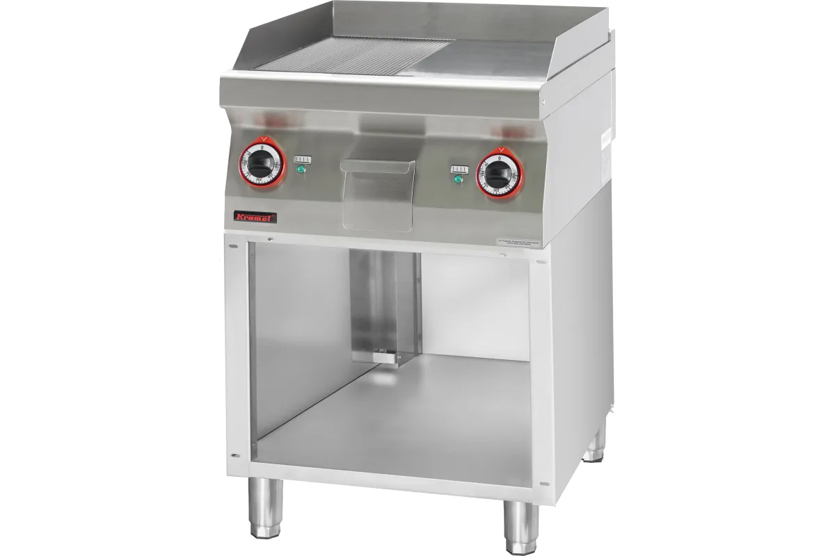 Płyta grillowa 1/2gł. + 1/2ryf. chromowana 600 mm 8kW na podstawie szafkowej otwartej 600x700x900 Kromet 700.PBE-600GR.S