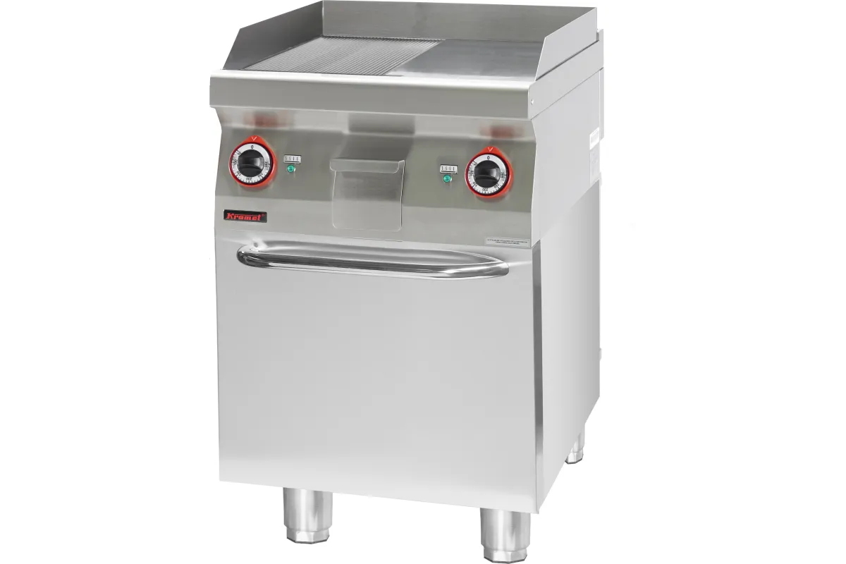 Płyta grillowa 1/2gł. + 1/2ryf. chromowana 600 mm 8kW na podstawie szafkowej zamkniętej 600x700x900 Kromet 700.PBE-600GR.S.D