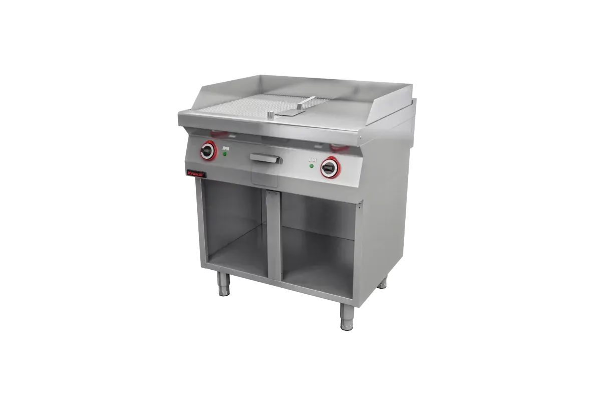 Płyta grillowa 1/2gł. + 1/2ryf. chromowana 800 mm 9,6kW na podstawie szafkowej otwartej 800x700x900 Kromet 700.PBE-800GR.S