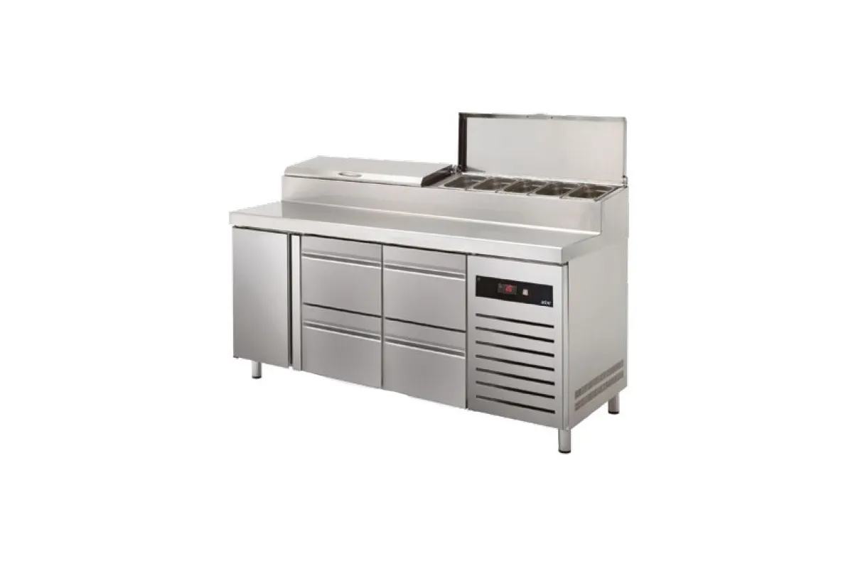 STÓŁ CHŁODNICZY DO PIZZY 1-DRZWIOWY Z SZUFLADAMI 4 X 1/2 GN700MM GM 1/1 ESSENZIAL LINE ASBER ETPZ-180-14 HC 90NS