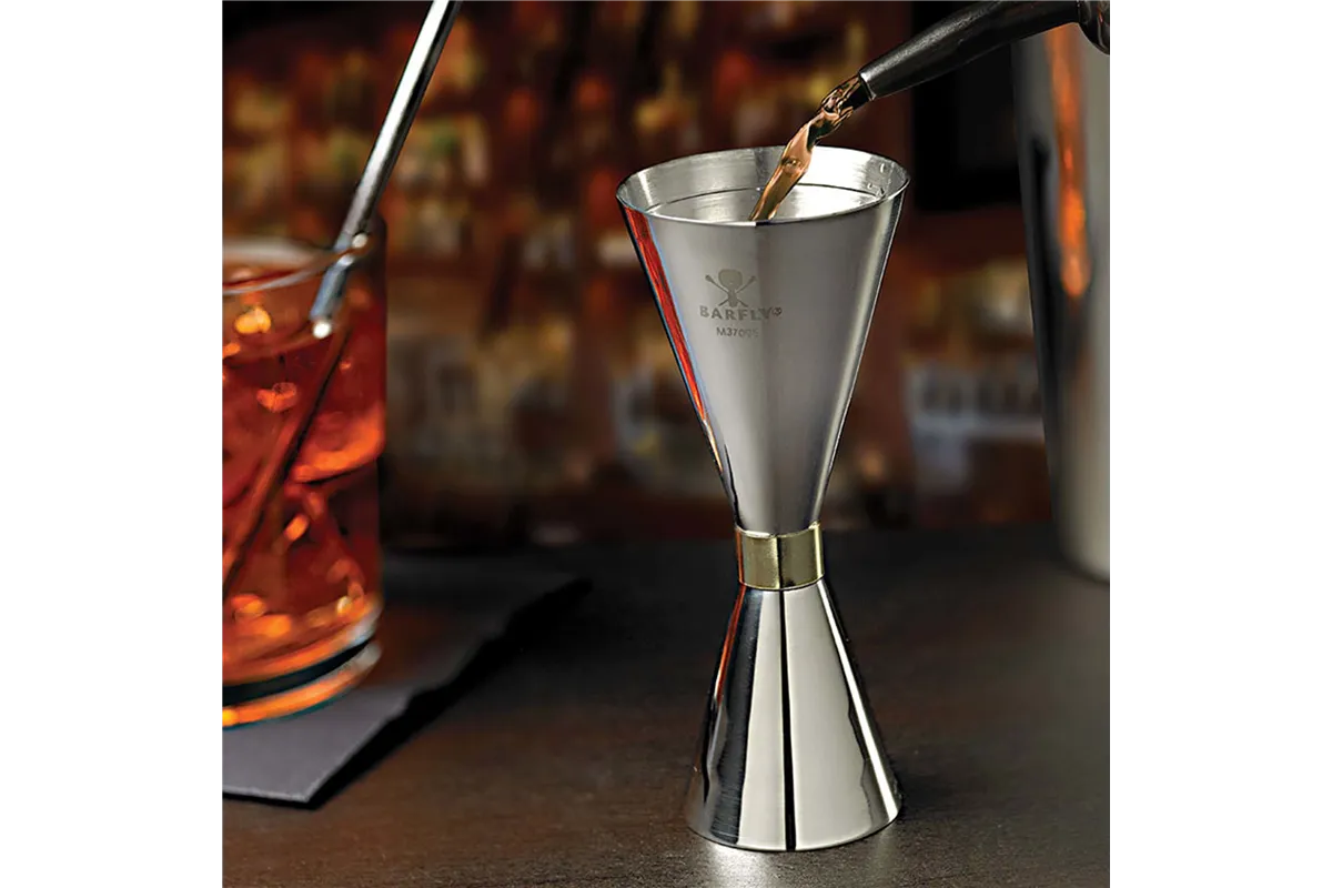 Jigger - Miarka barmańska Slim Style, 2 oz. 30/60ml, stal nierdzewna ze złotą obwódką, Barfly BarFly M37096
