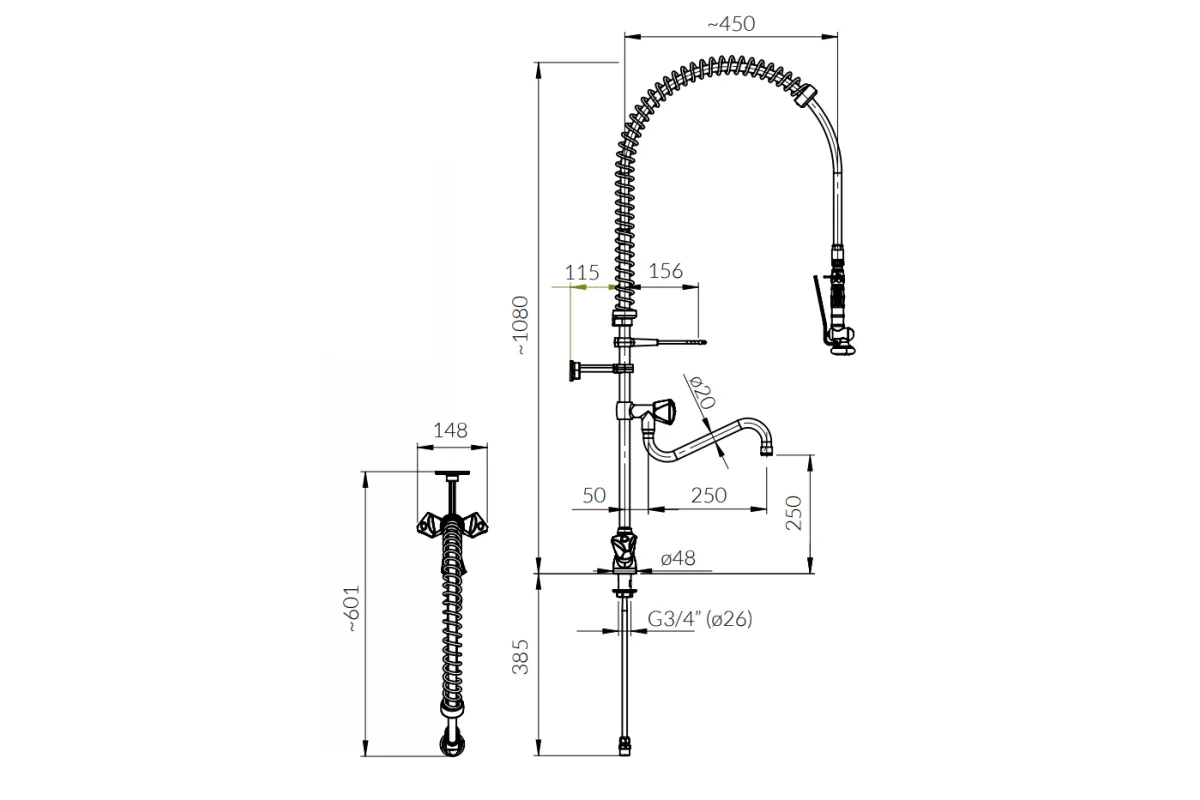 Bateria prysznicowa zlewozmywakowa, jednootworowa, ze spryskiwaczem, 2 rodzaje wody, z wylewką EDESA EC-2C