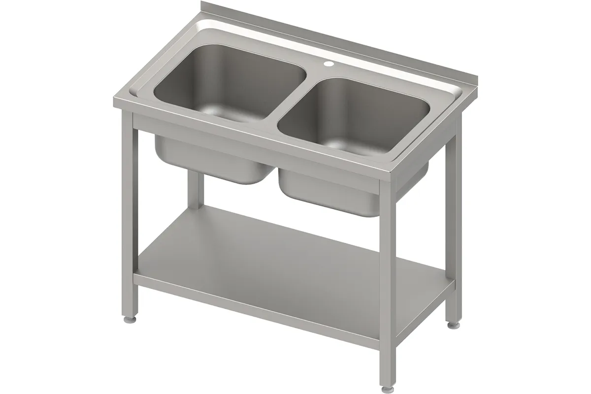 Stół stalowy z półką ze zlewem 2-komorowym, skręcany, blat tłoczony, 1000x600x850 mm Stalgast 613706