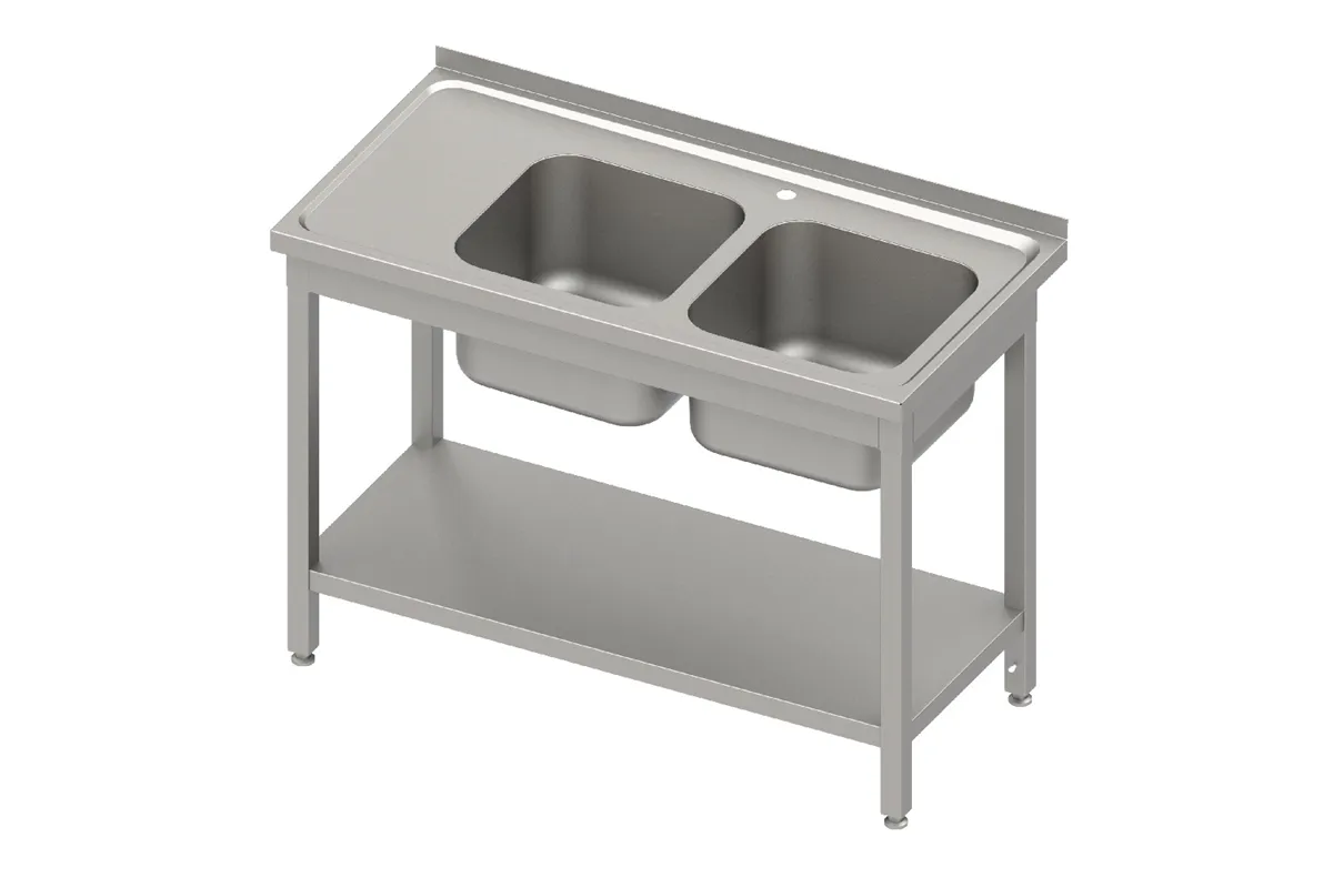 Stół stalowy z półką ze zlewem 2-komorowym prawym, skręcany, blat tłoczony, 1200x600x850 mm Stalgast 613726