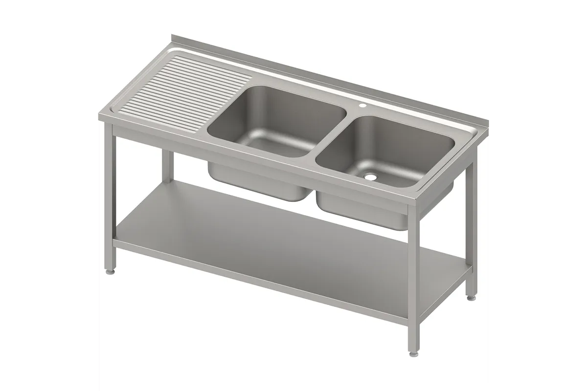 Stół stalowy z półką ze zlewem 2-komorowym prawym, skręcany, blat tłoczony, 1400x600x850 mm Stalgast 613746