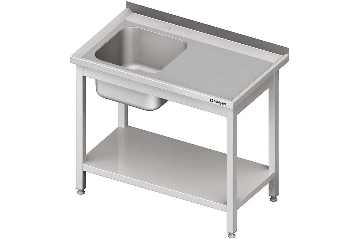 Stół stalowy z półką ze zlewem 1-komorowym lewym, spawany, blat tłoczony, 1000x600x850 mm Stalgast 614106