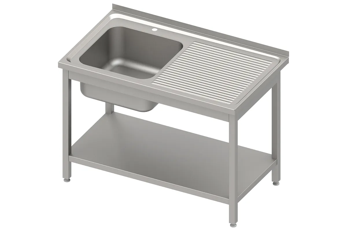 Stół stalowy z półką ze zlewem 1-komorowym lewym, sprawany, blat tłoczony, 1200x600x850 mm Stalgast 614126