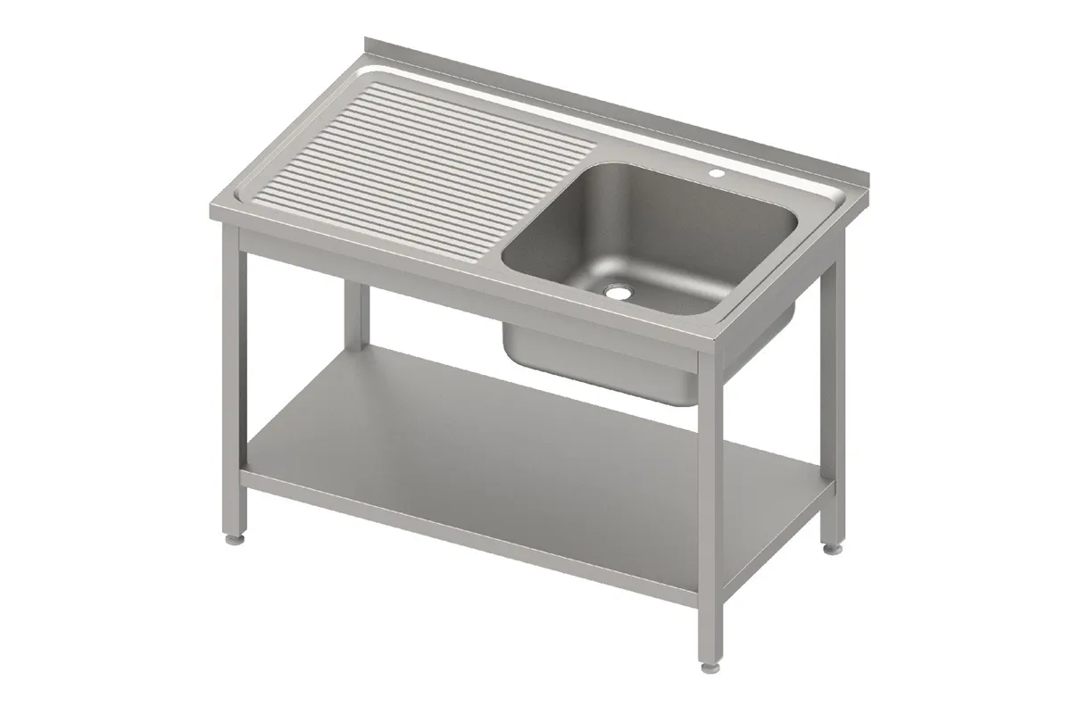 Stół stalowy z półką ze zlewem 1-komorowym prawym, spawany, blat tłoczony, 1000x600x850 mm Stalgast 614306
