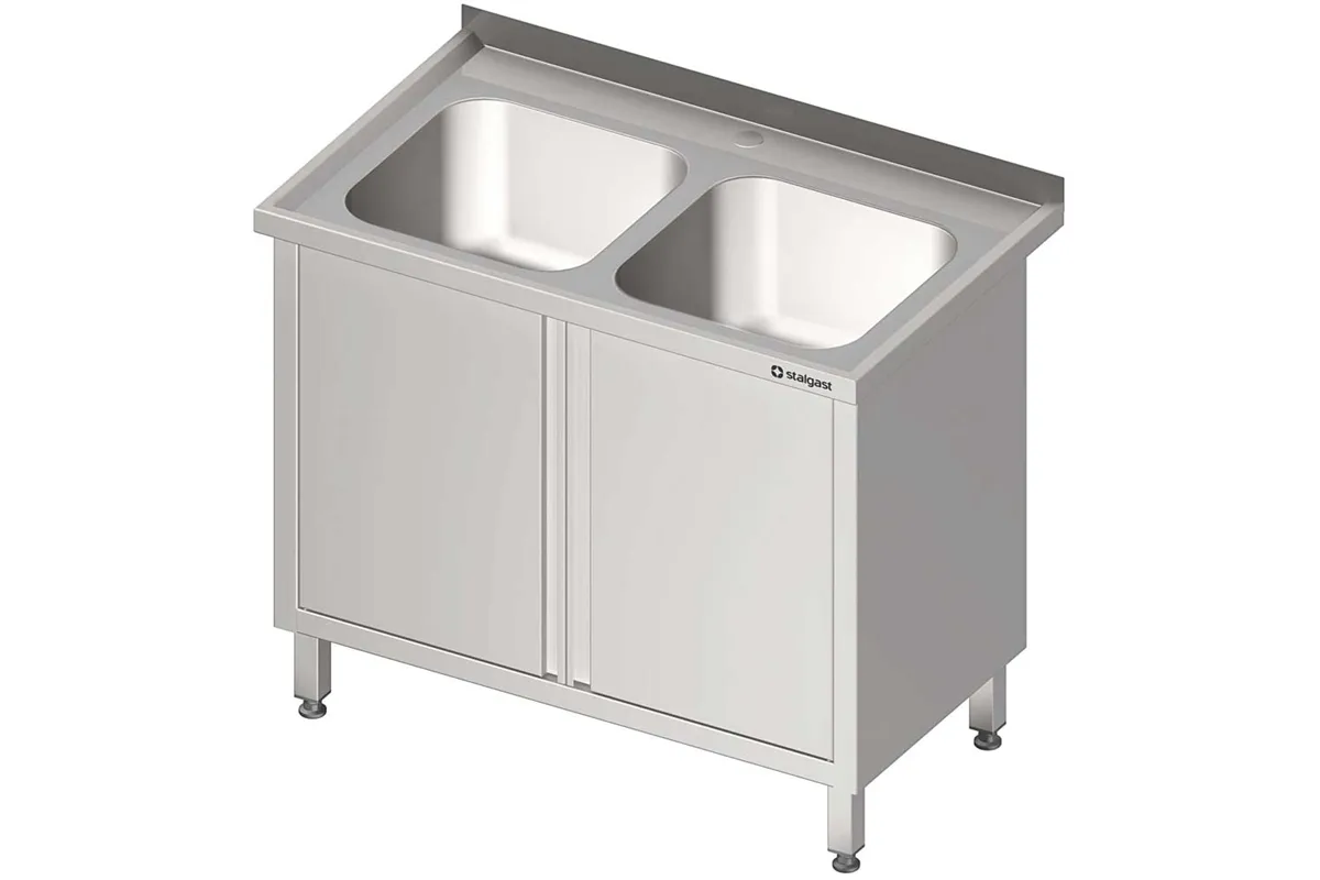 Stół stalowy ze zlewem 2-komorowym, drzwi skrzydłowe, blat tłoczony, 1000x600x850 mm Stalgast 616306