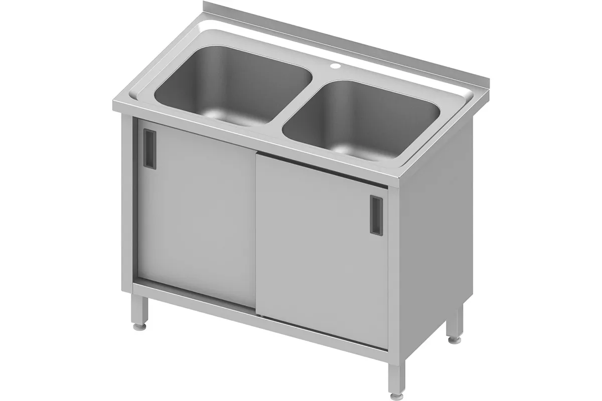 Stół ze zlewem 2-kom.,drzwi suwane blat tłoczony, 1000x600x850 mm Stalgast 616407