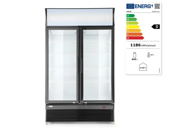 Witryna chłodnicza barowa z podświetlanym panelem 2-drzwiowa 512L czarna 1120x585x1900mm Arktic 233795