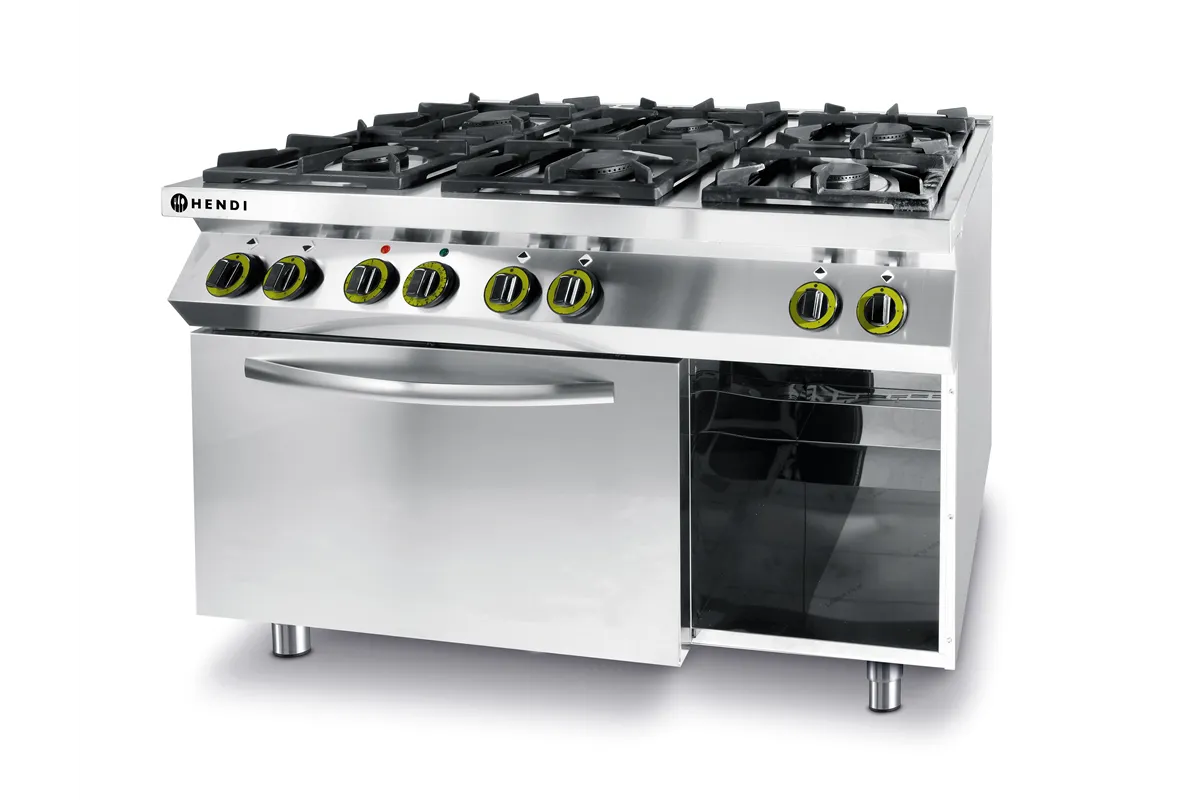 Kuchnia gazowa 6-palnikowa z piekarnikiem elektrycznym GN1/1 Kitchen Line 230V/3000W 28,5kW 1200x722x900mm Hendi 225899