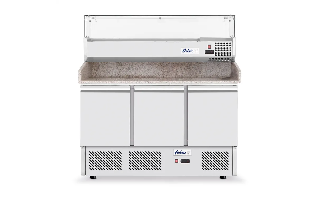 Stół chłodniczy do pizzy 3-drzwiowy z nadstawą i blatem granitowym, 254L, 230V/400W, 1400x700x1491mm Arktic 232033
