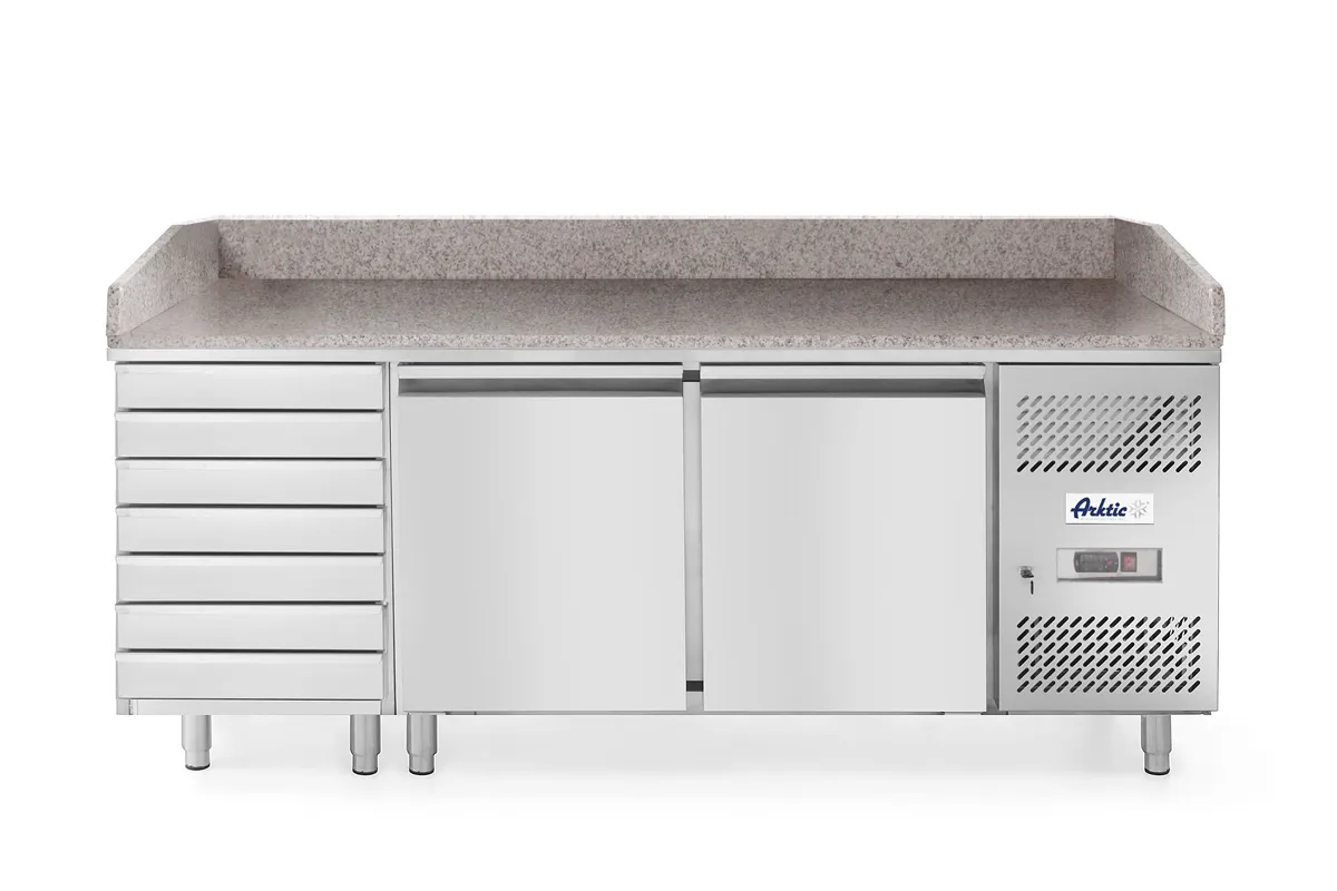 Stół chłodniczy do pizzy 2-drzwiowy z 7 szufladami i blatem granitowym, 250L, 230V/250W, 2020x802x1000mm Arktic 232842