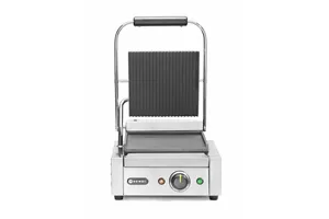 Grill kontaktowy pojedynczy, góra ryflowana , dół gładki, 230V/1800W, 310x375x216mm Hendi 263600
