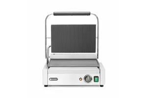 Grill kontaktowy Panini, góra ryflowana, dół gładki, 230V/2200W, 430x375x216mm Hendi 263662