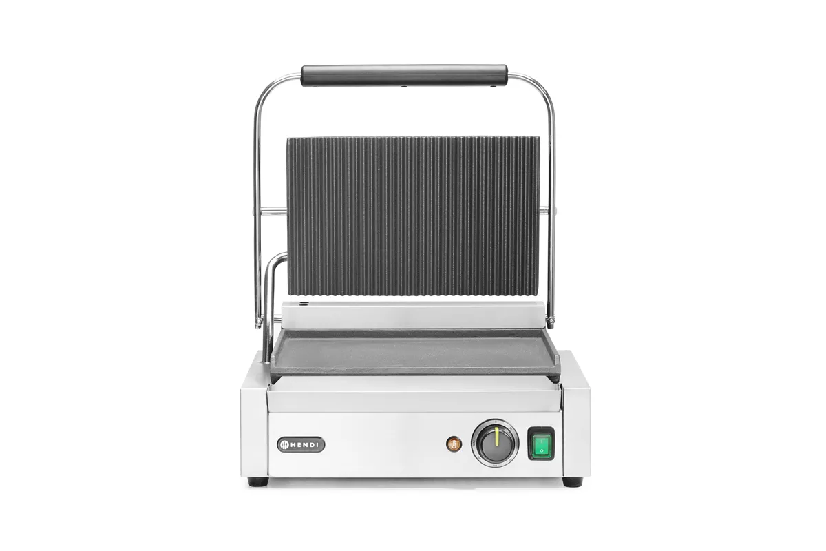 Grill kontaktowy Panini, góra ryflowana, dół gładki, 230V/2200W, 430x375x216mm Hendi 263662