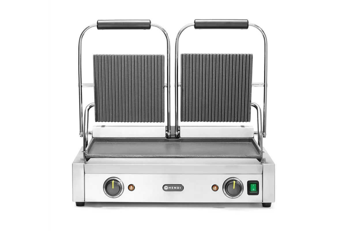 Grill kontaktowy podwójny, góra ryflowana , dół gładki, 230V/3600W, 570x375x216mm Hendi 263808
