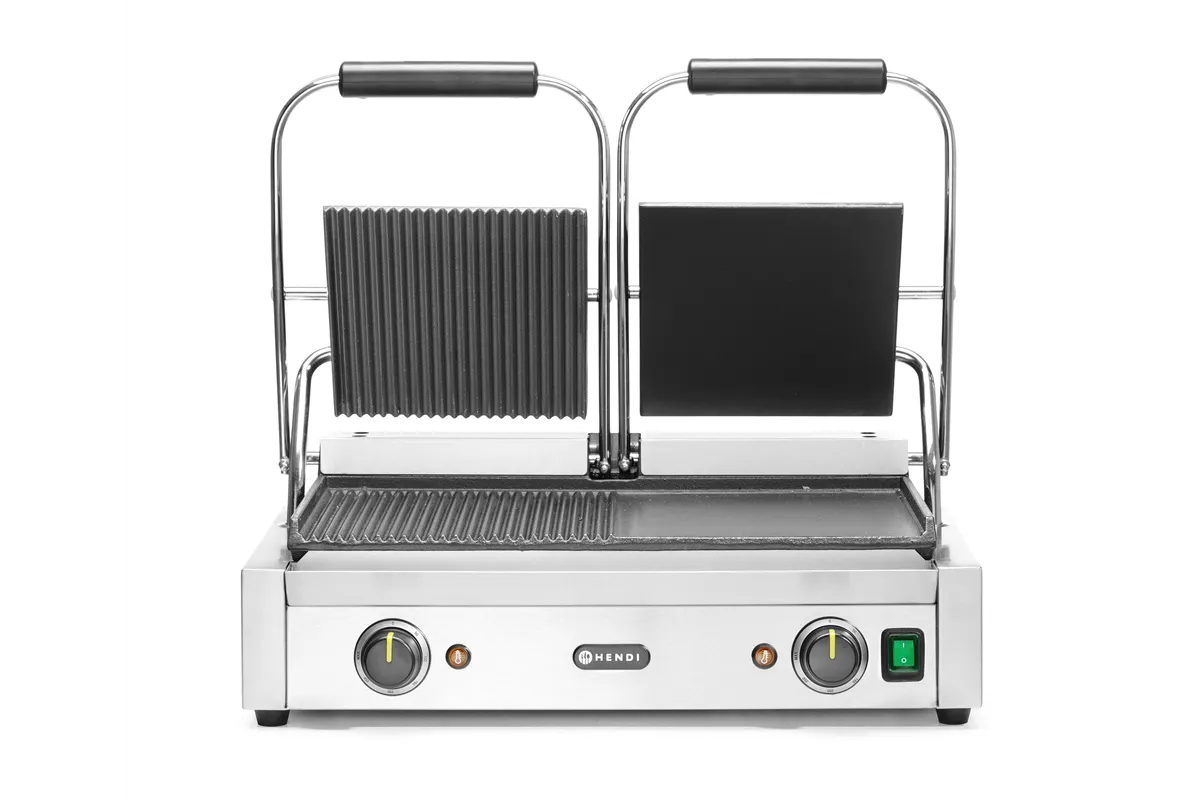 Grill kontaktowy podwójny, 1/2 gładka, 1/2 ryflowana, 230V/3600W, 570x375x216mm Hendi 263907