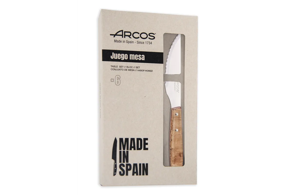 Nóż do steków – zestaw 6 szt., seria FOREST, FOREST, jasne drewno, 6 szt., 220mm, Ząbkowany Arcos 372300