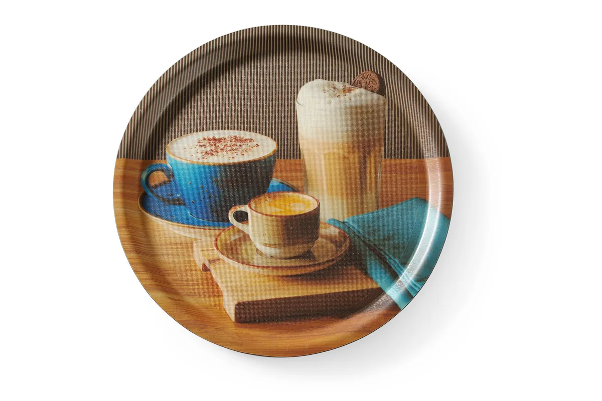 Taca do serwowania antypoślizgowa, z nadrukiem, tasty coffee, ⌀380x15mm Hendi 507971