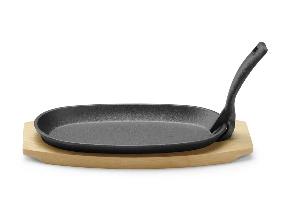Półmisek żeliwny z drewnianą podstawą i uchwytem, czarny, 280x140x30mm, Owalny Hendi 629383