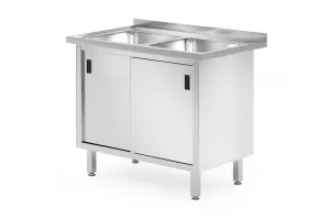Stół z dwoma zlewami, szafka – spawany, z drzwiami suwanymi, Profi Line, 1000x600x850 mm, 1000x600x850mm Hendi 813690