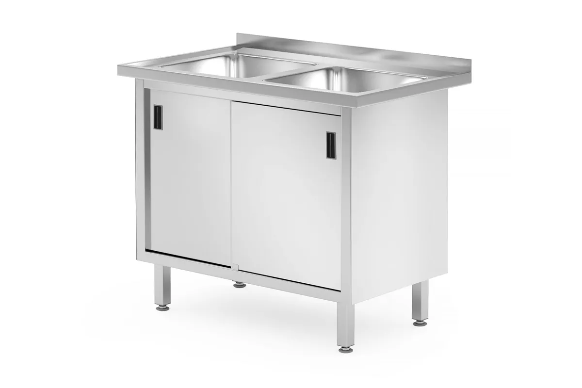 Stół z dwoma zlewami, szafka – spawany, z drzwiami suwanymi, Profi Line, 1000x600x850 mm, 1000x600x850mm Hendi 813690
