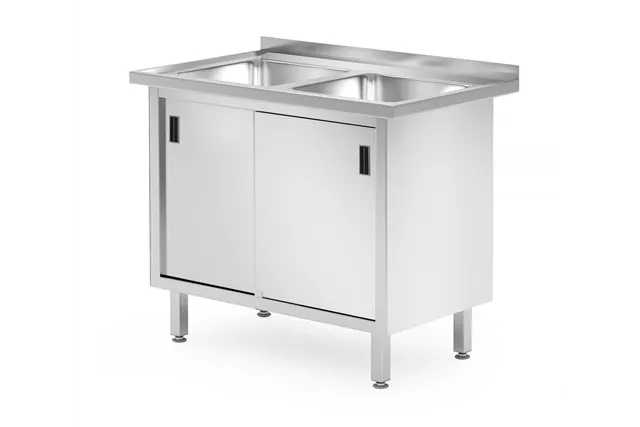 Stół z dwoma zlewami, szafka – spawany, z drzwiami suwanymi, Profi Line, 1000x600x850 mm, 1000x600x850mm Hendi 813690