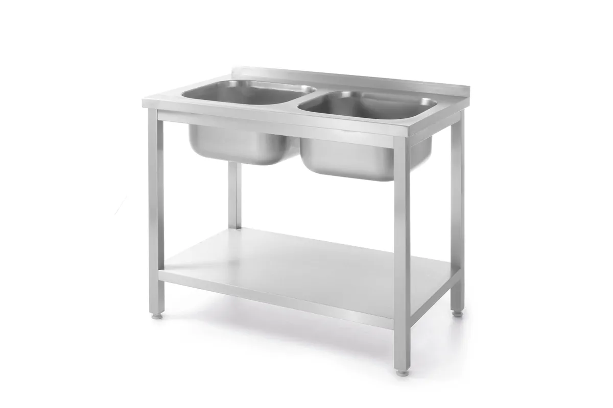 Stół z 2 zlewami i półką – skręcany, Kitchen Line, dwa zlewy, 1000x600x850mm Hendi 817032
