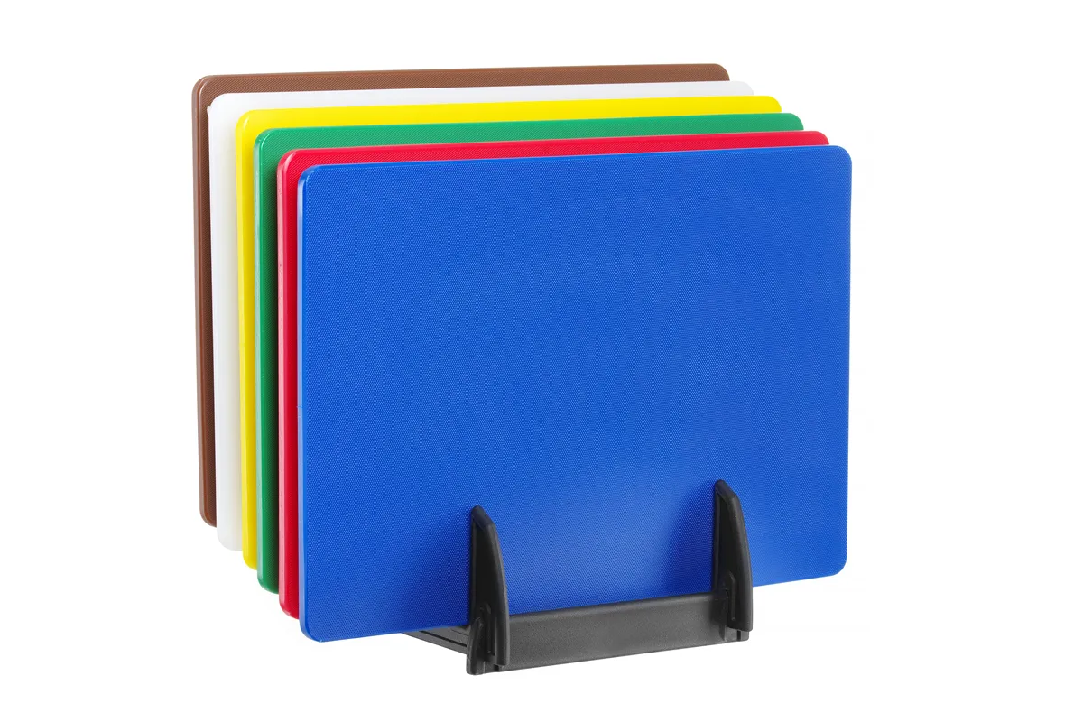 Zestaw 6 desek do krojenia HACCP ze stojakiem, 6 szt., 450x300mm, Prostokątny Hendi 825686