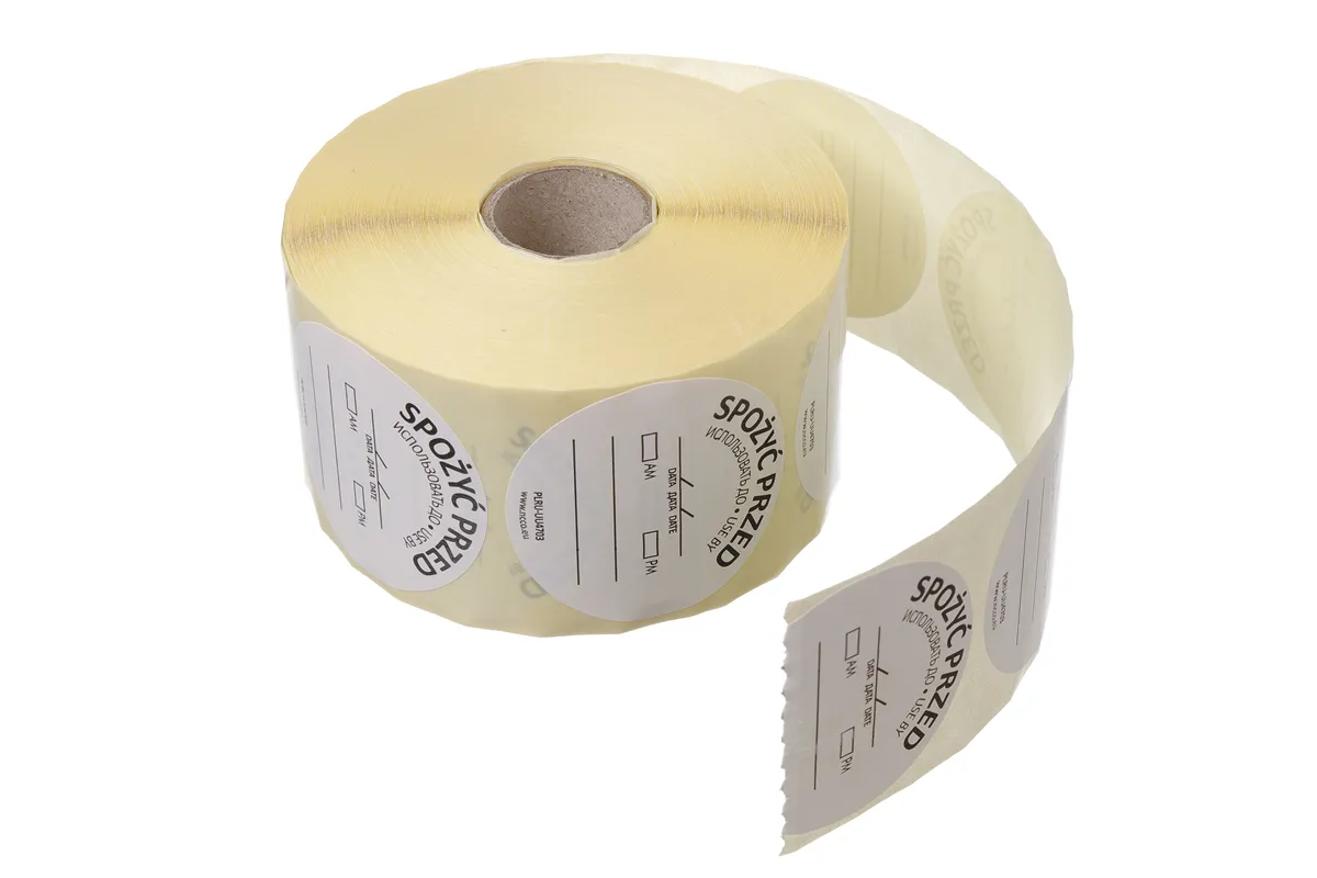 Etykiety Food Safety, wielorazowe – „SPOŻYĆ W PIERWSZEJ KOLEJNOŚCI”, 500 szt. w rolce, biały, 500 szt., ⌀50mm Hendi 850145