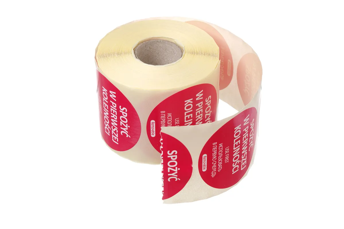Etykiety Food Safety, wielokrotnego użytku – „SPOŻYĆ W PIERWSZEJ KOLEJNOŚCI", czerwony, 500 szt., ⌀50mm Hendi 850152