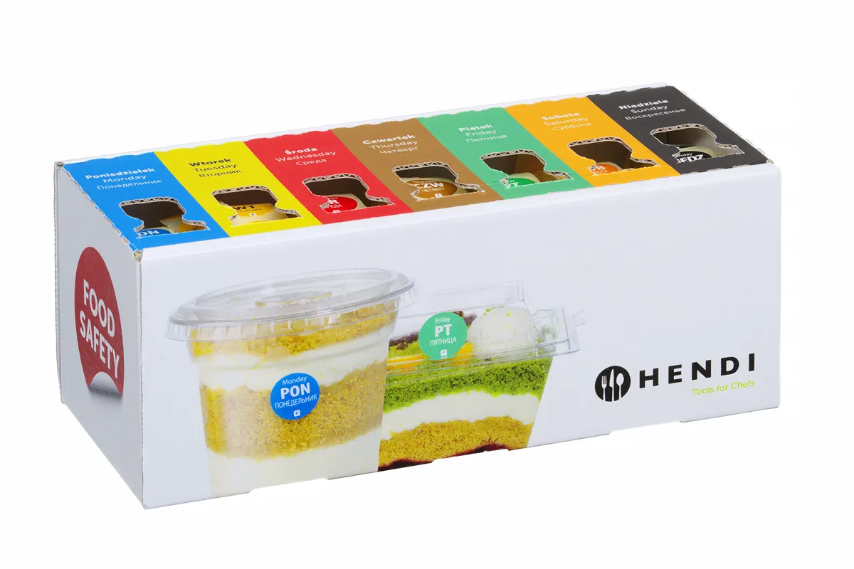 Zestaw etykiet jednorazowych Food Safety na każdy dzień tygodnia z podajnikiem, 240x80x100mm Hendi 850299