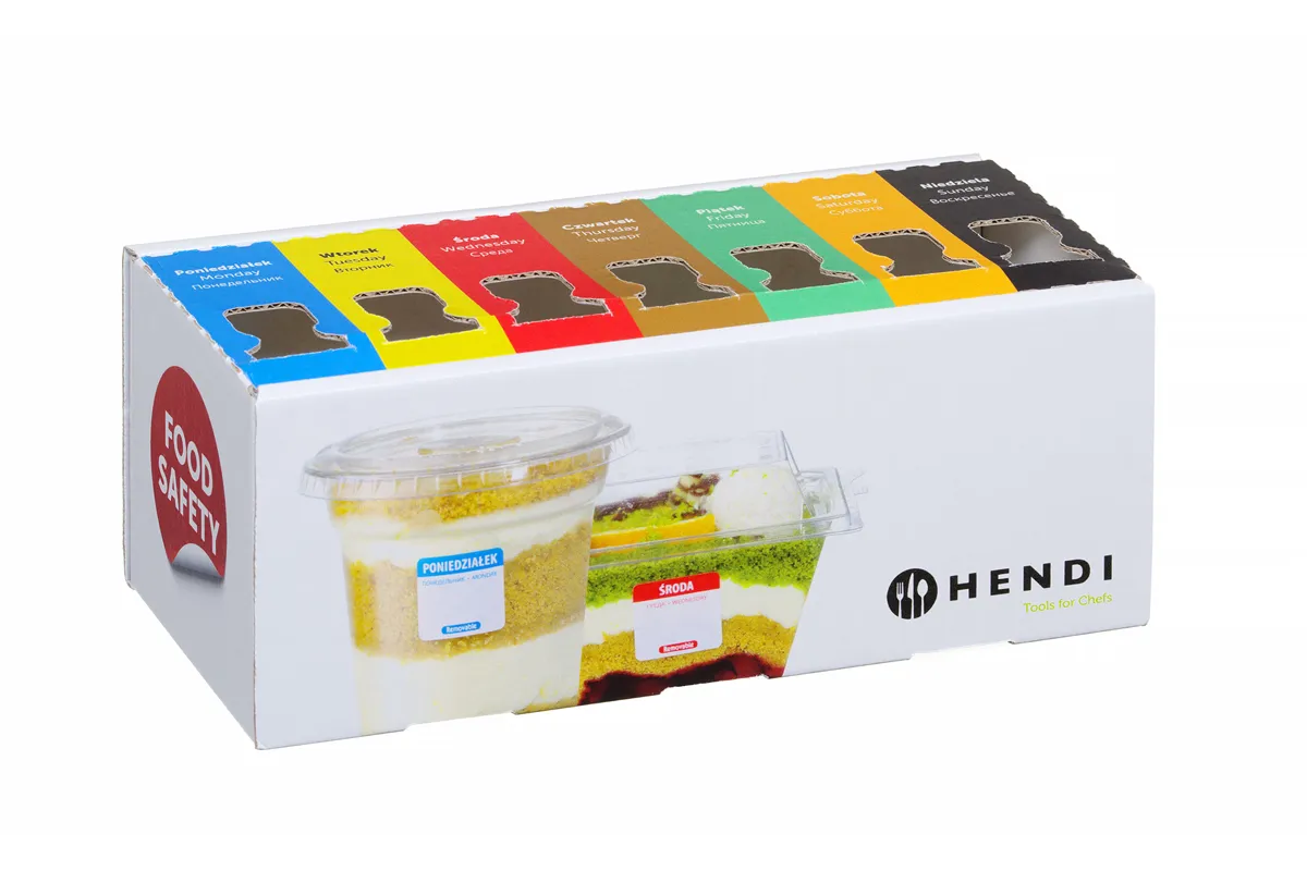 Zestaw etykiet wielorazowych Food Safety na każdy dzień tygodnia z podajnikiem, 240x80x100mm Hendi 850305