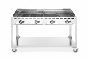 Grill Green Fire 4-palnikowy, Profi Line, podstawa z półką na kółkach, jasnoszary, 22kW, 1400x612x825mm Hendi 149614