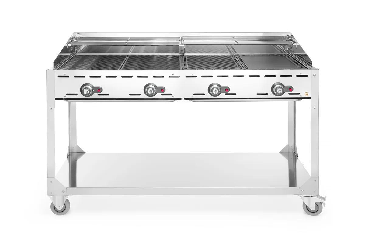 Grill Green Fire 4-palnikowy, Profi Line, podstawa z półką na kółkach, jasnoszary, 22kW, 1400x612x825mm Hendi 149614