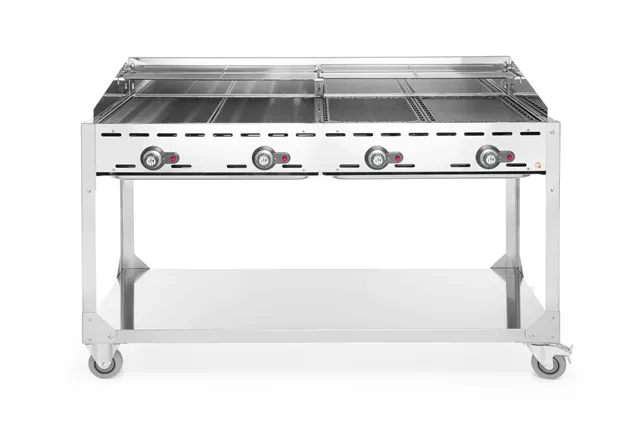 Grill Green Fire 4-palnikowy, Profi Line, podstawa z półką na kółkach, jasnoszary, 22kW, 1400x612x825mm Hendi 149614