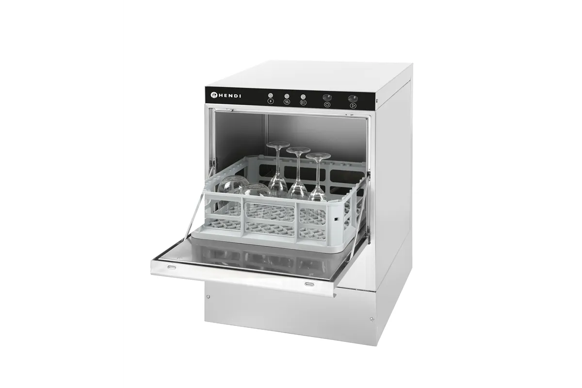 Zmywarka do szkła 40x40 – sterowana elektromechanicznie, z pompą spustową, 230V/2800W, 470x510x710mm Hendi 233016