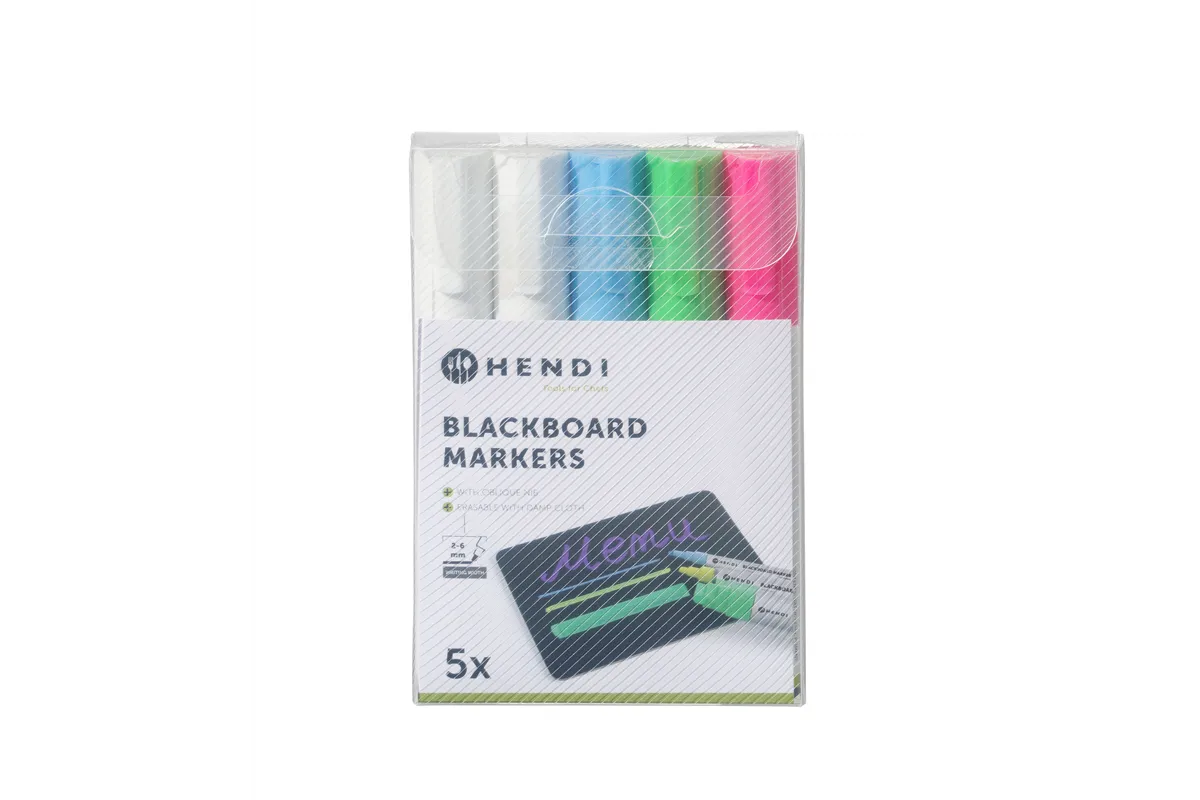 Markery do tablicy z wąską końcówką, 1 różowy, 1 zielony, 1 niebieski i 2 białe markery Hendi 664216