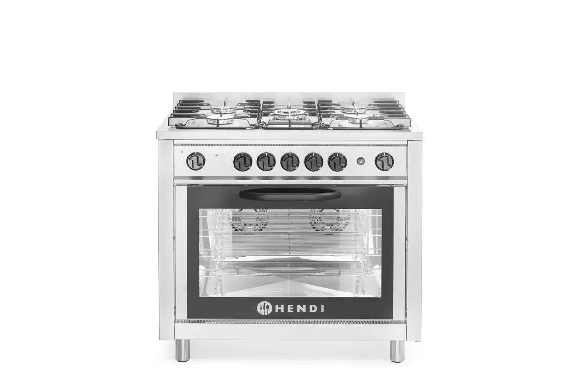 Kuchnia gazowa 5-palnikowa z piekarnikiem elektrycznym i grillem Kitchen Line 230V/2900W 14,3kW 900x653x900mm Hendi 225707