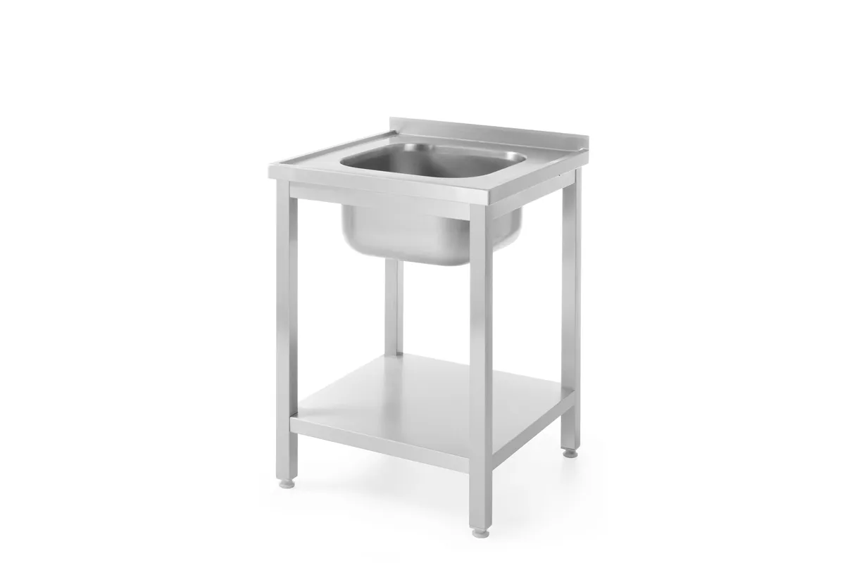 Stół ze zlewem i półką – skręcany, głębokość 600 mm, Profi Line, Lokalizacja komory - pośrodku, 600x600x850mm Hendi 811856