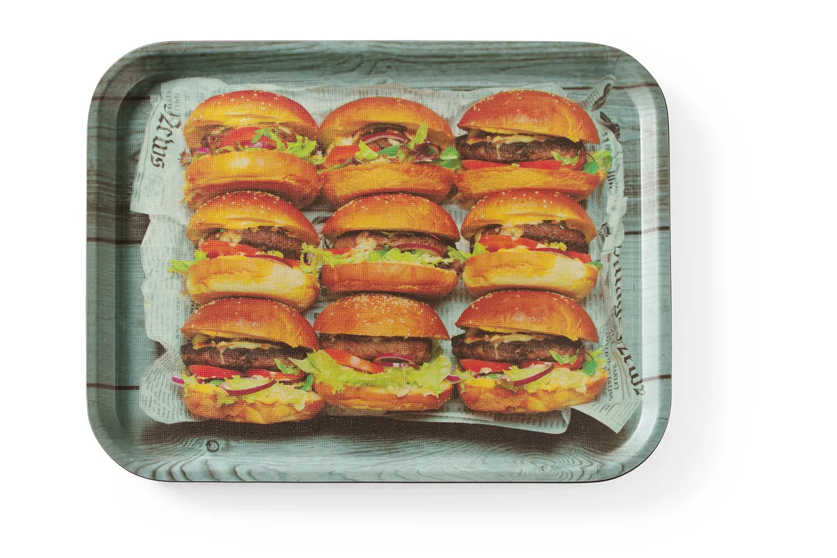 Taca do serwowania z nadrukiem, antypoślizgowa, tasty burger, 330x430mm Hendi 508008