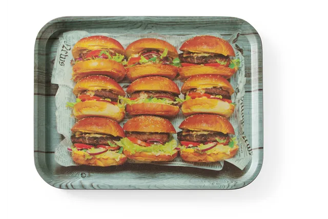 Taca do serwowania z nadrukiem, antypoślizgowa, tasty burger, 330x430mm Hendi 508008