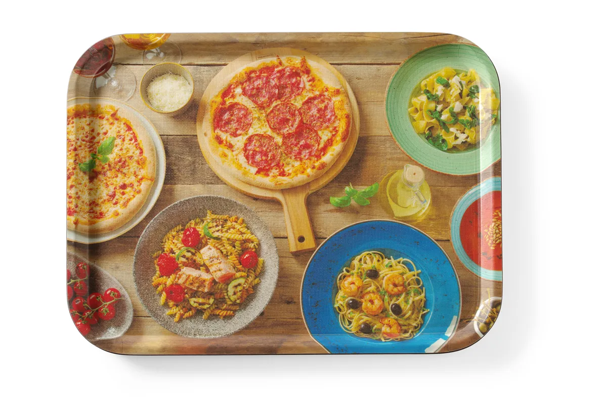 Taca do serwowania z nadrukiem, antypoślizgowa, tasty pizza & pasta, 330x430mm Hendi 508015