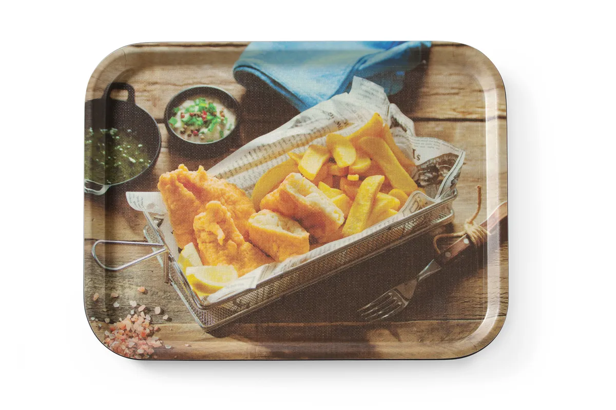 Taca do serwowania z nadrukiem, antypoślizgowa, tasty fish & chips, 330x430mm Hendi 508022