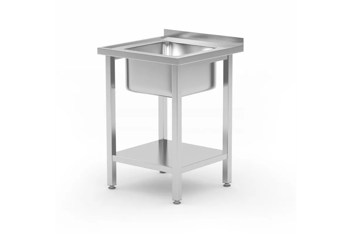 Stół ze zlewem i półką – skręcany, Kitchen Line, zlew wyśrodkowany, 600x600x850mm Hendi 816806