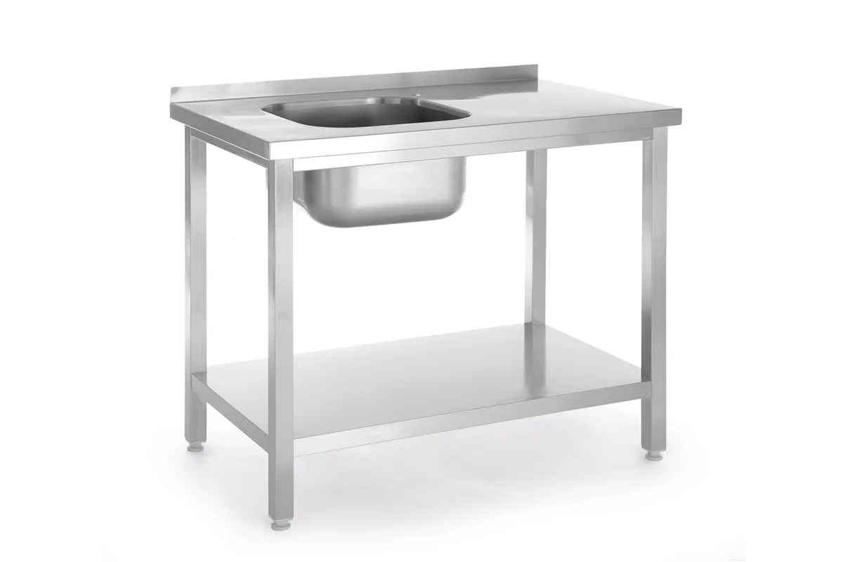 Stół ze zlewem i półką – skręcany, Kitchen Line, zlew po lewej, 800x600x850mm Hendi 817001